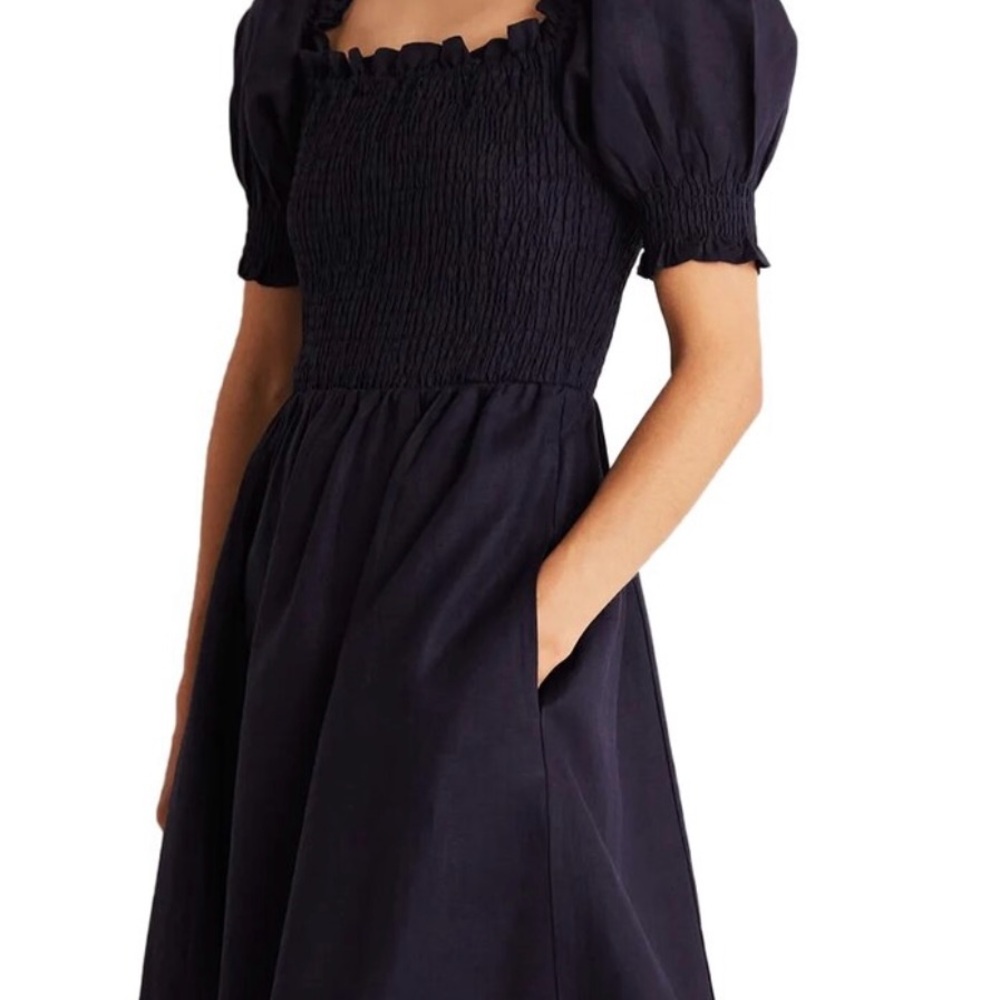 BODEN Smocked Bodice Navy Blue Linen Mini Dress